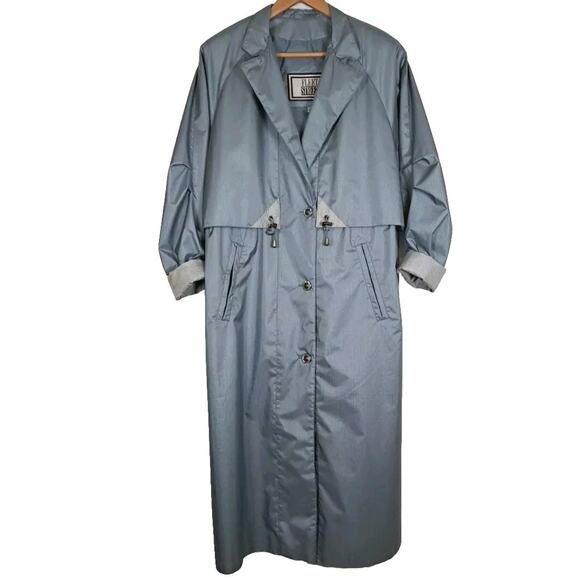 VTG Fleet Street Long Trench Rain Coat Womens 8 Blue Rubberized Button Front 80s - Picture 1 of 16